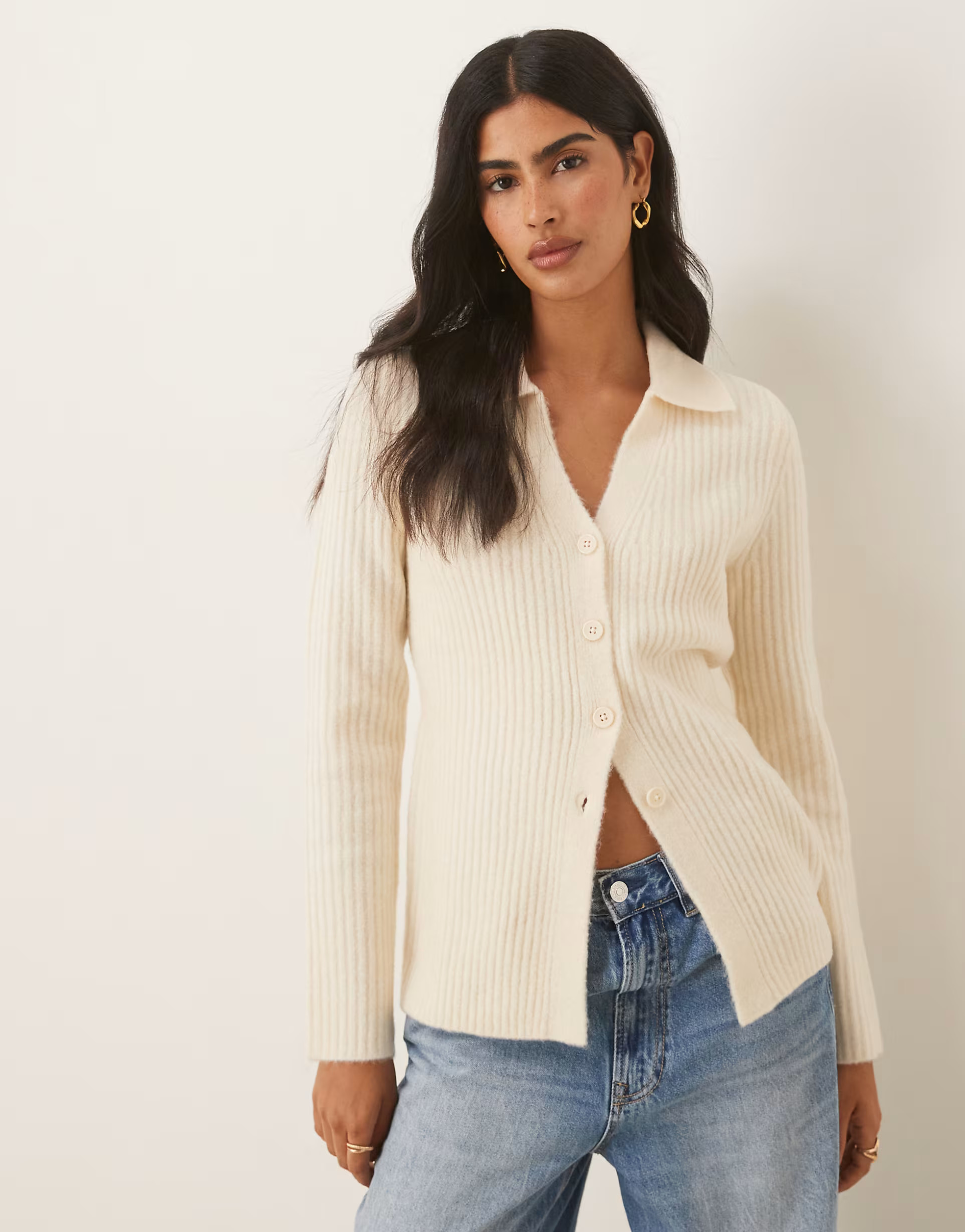 ASOS DESIGN knitted longline fitted shirt in cream | ASOS (Global)