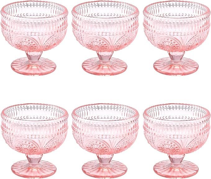 Vintage Glass Dessert Bowls Set of 6-11.5 oz Pink Embossed Glass Ice Cream Bowls for Salad, Candy... | Amazon (US)