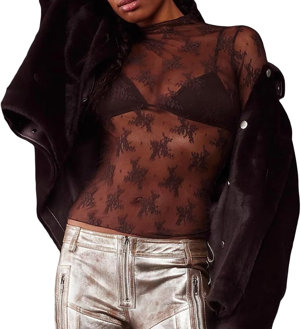 Caziffer Women's Lace Layering Top Long Sleeve Sheer Mesh Mock Neck Undershirt Y2K Lace Floral To... | Amazon (UK)