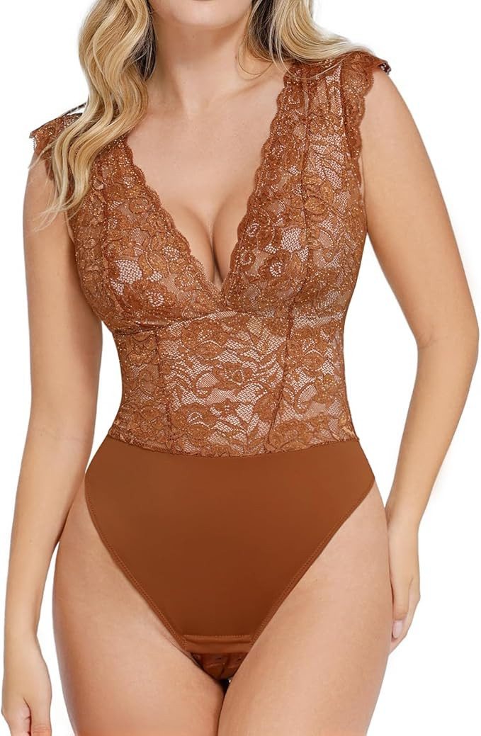 Popilush Lace Body Suits Women - Tank Top Thong Shapewear Tummy Control Going Out Tops Deep V Nec... | Amazon (US)