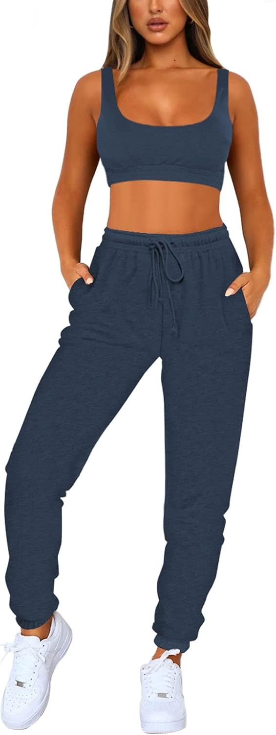 Fixmatti Women Sweatsuits Bra and Sweatpants Set 2 Pieces Jogger Tracksuit | Amazon (US)