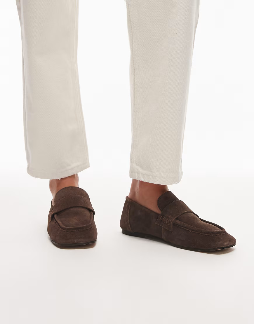 Topshop Brooks ruched back real suede leather flat shoe in chocolate-Brown | ASOS (Global)