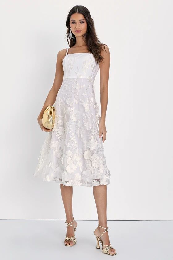 Glamour Garden White 3D Floral Embroidered Midi Dress | Lulus