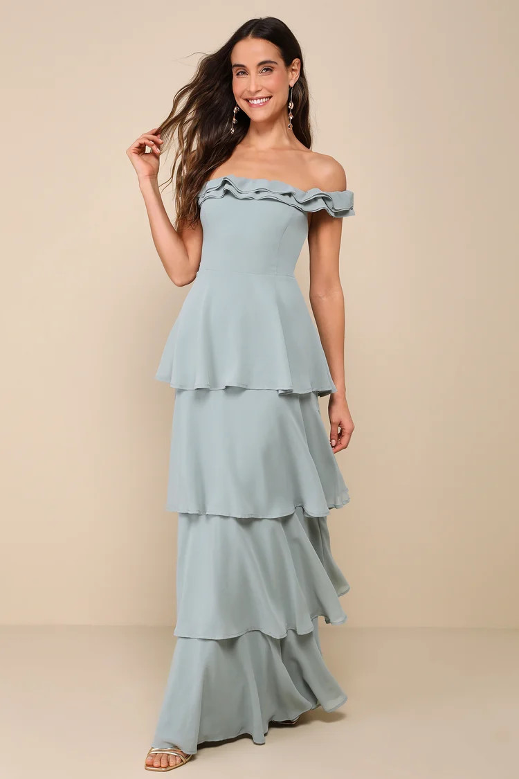 Delightful Essence Sage Green Off-the-Shoulder Tiered Maxi Dress | Lulus
