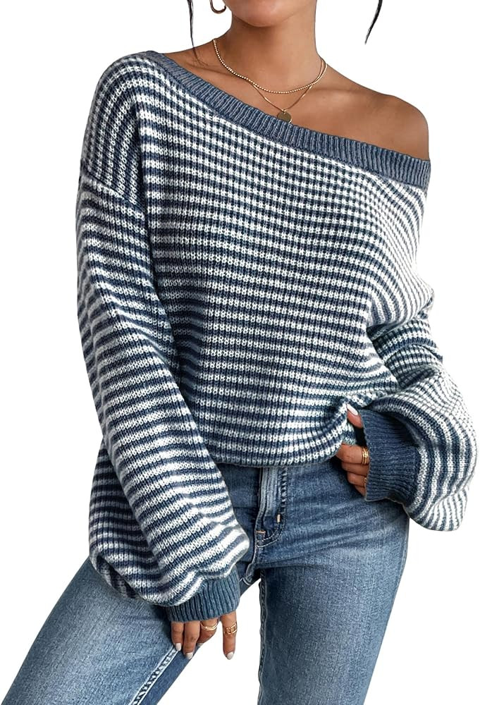SOLY HUX Women's Off The Shoulder Striped Sweaters Oversized Long Sleeve Knit Pullover Tops | Amazon (US)