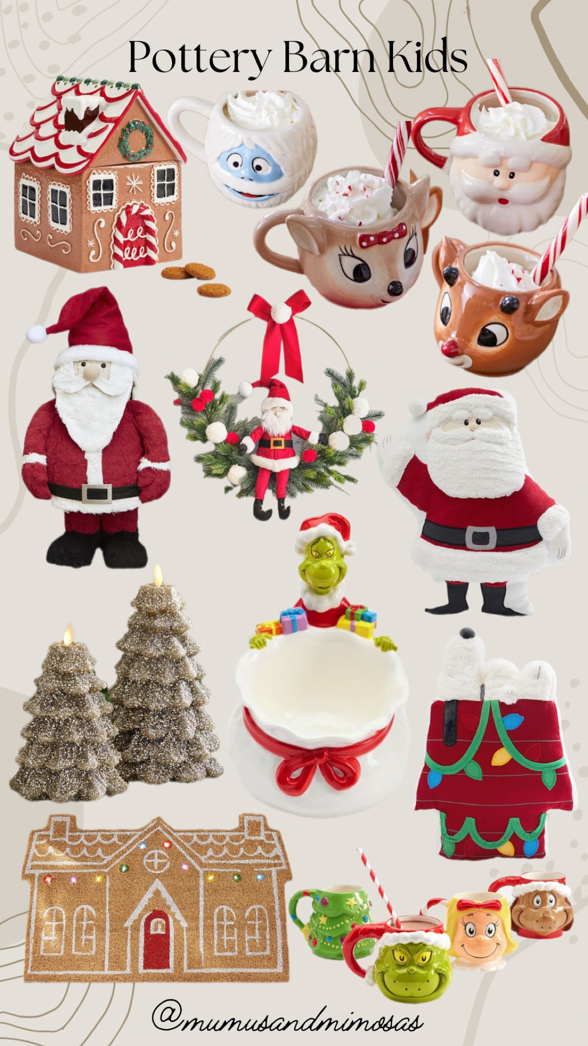 Pottery barb kids Christmas decod, pillows, Rudolph, the abominable snowman, Santa Claus pillow, the grinch coffee mugs, flameless Christmas tree candles, Santa porch decor, gingerbread cookie jar. 

#LTKHolidaySale #LTKHoliday #LTKSeasonal