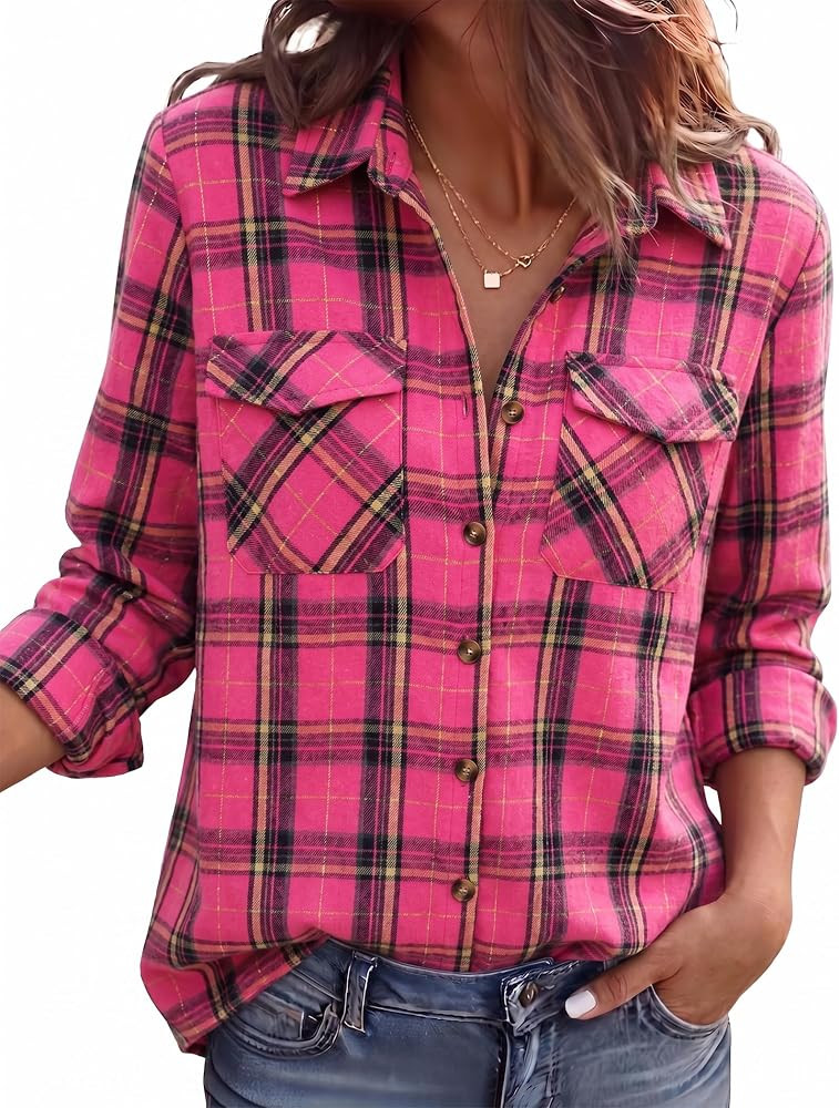 Zeagoo Womens Button Down Flannel Shirts Plaid Lightweight Top with Pockets | Amazon (US)