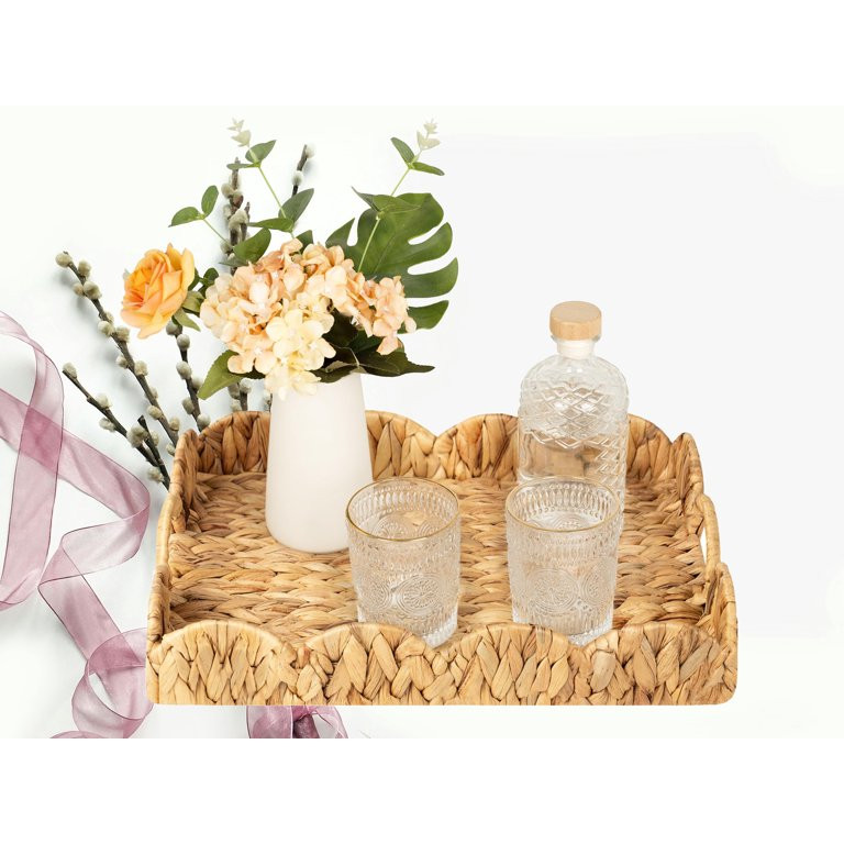 Scalloped Edge Water Hyacinth Rattan Serving Tray with Built-in Handles - Decorative Coffee Table... | Walmart (US)