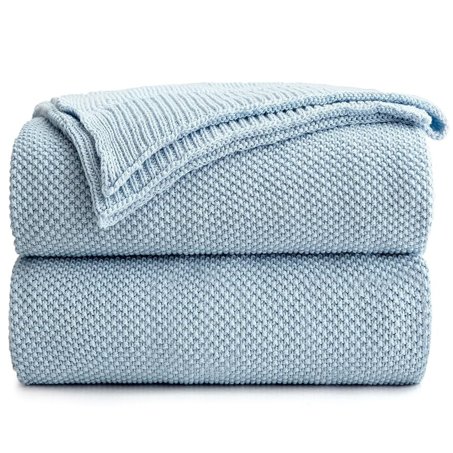 Longhui bedding 100% Cotton Light Blue Cable Knit Throw Blanket for Couch Sofa Bed Home Décor ... | Amazon (US)