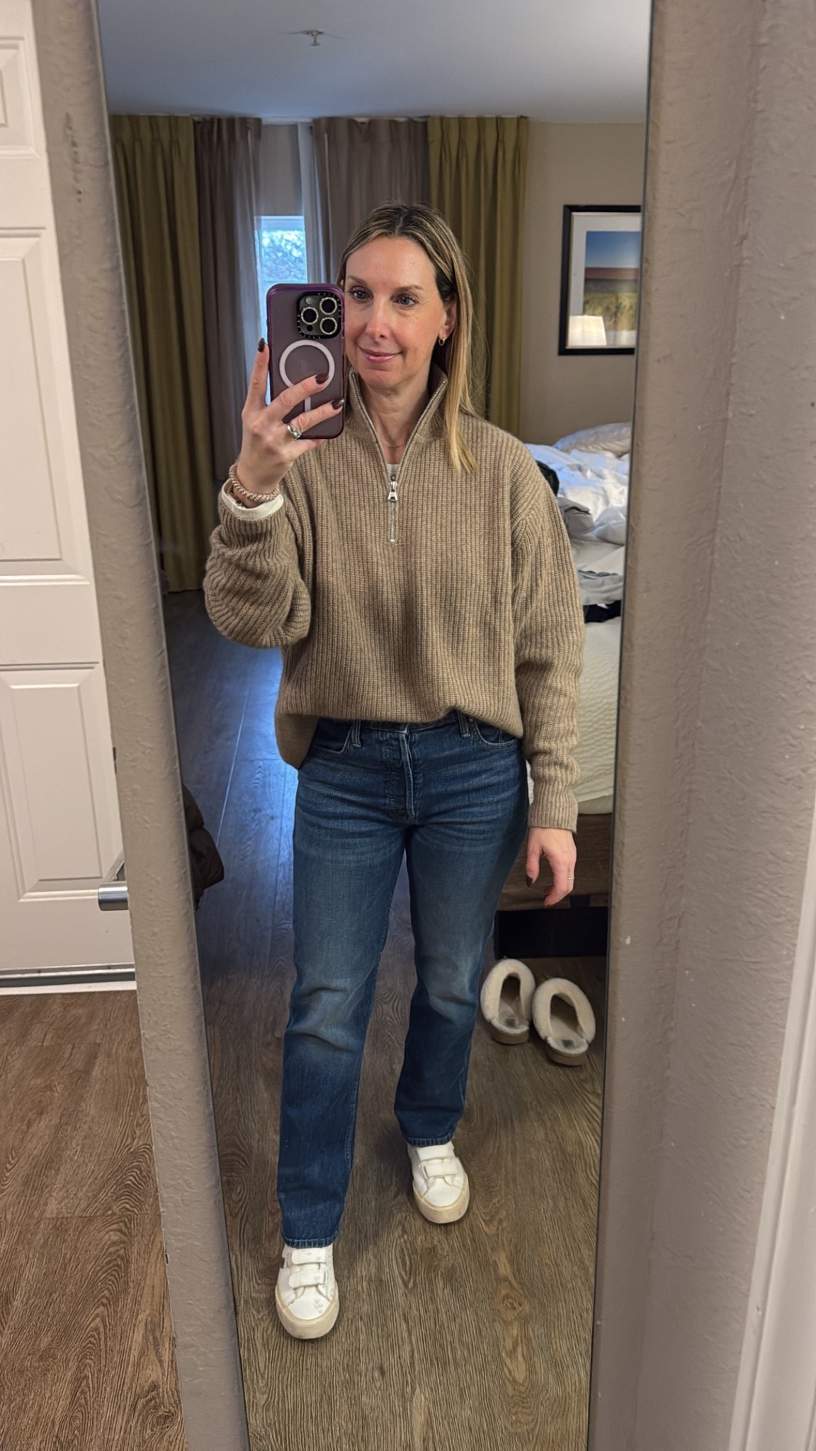 My cold weather outfit for a rainy soccer game - cashmere quarter zip layered with a comfy lululemon hold tight top underneath, Jeans, leather sneakers, thick warm socks and heavy jacket over (not pictured is umbrella that I held for the hour and a half 🤣)

#LTKOver40 #LTKmomlife #LTKSeasonal
