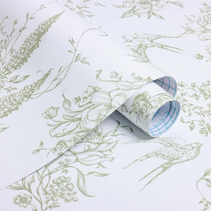 Floral Birds Wallpaper Peel and Stick Green and White Contact Paper 16.9”x 118.1”Vintage Flor... | Amazon (US)