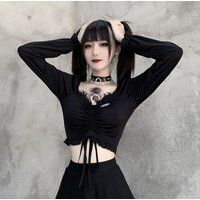 Gothic Bandage Bodycon Long Sleeve Crop Tops, Female Black V-Neck Streetwear Punk Slim Autumn Haraju | Etsy (US)