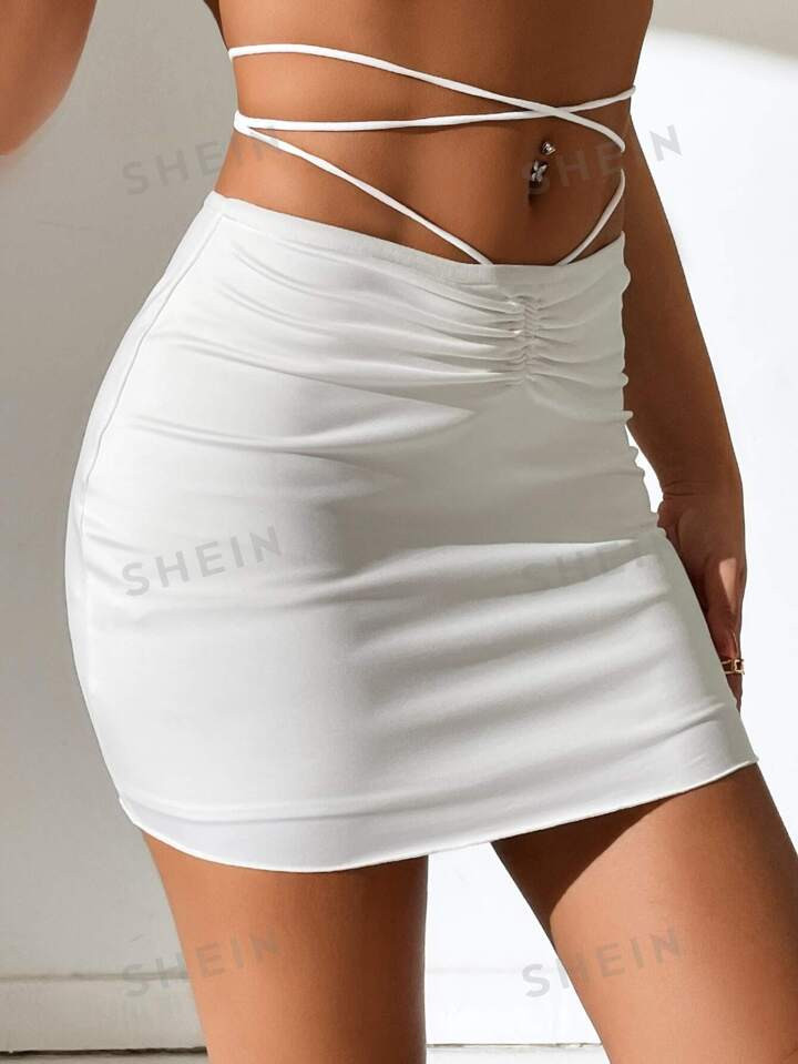 SHEIN PETITE Ruched Lace Up Waist Bodycon Skirt | SHEIN