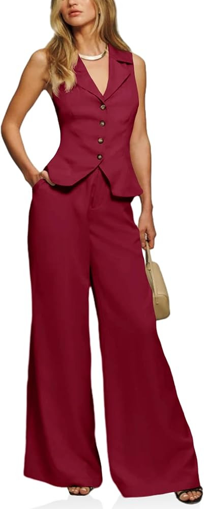 Cicy Bell Womens Vest Sets Summer 2 Piece Outfits Button Crop Blazer Vest and Wide Leg Pant Suits | Amazon (US)