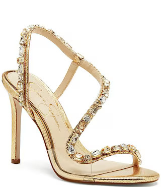 Jessica Simpson Jaycin Rhinestone Asymmetrical Metallic Dress Sandals | Dillard's | Dillard's