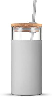 Tronco 20oz Glass Tumbler Straw Silicone Protective Sleeve Bamboo Lid - BPA Free (French Grey) | Amazon (US)