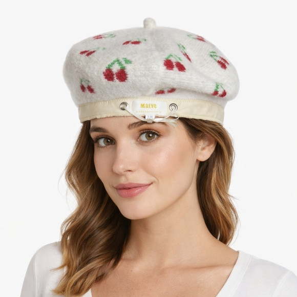Maeve Anthropologie Cream Cherry Print Wool Blend Beret | Poshmark