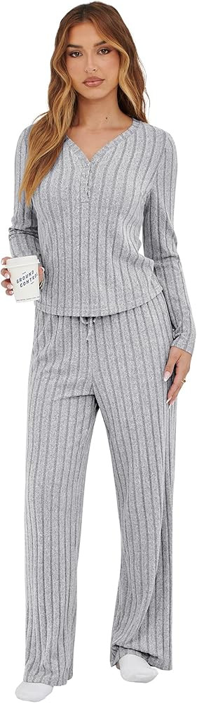 Womens Pajama Sets 2 Piece Lounge Pajamas Sets Casual Ribbed Knit Long Sleeve Matching Set | Amazon (US)