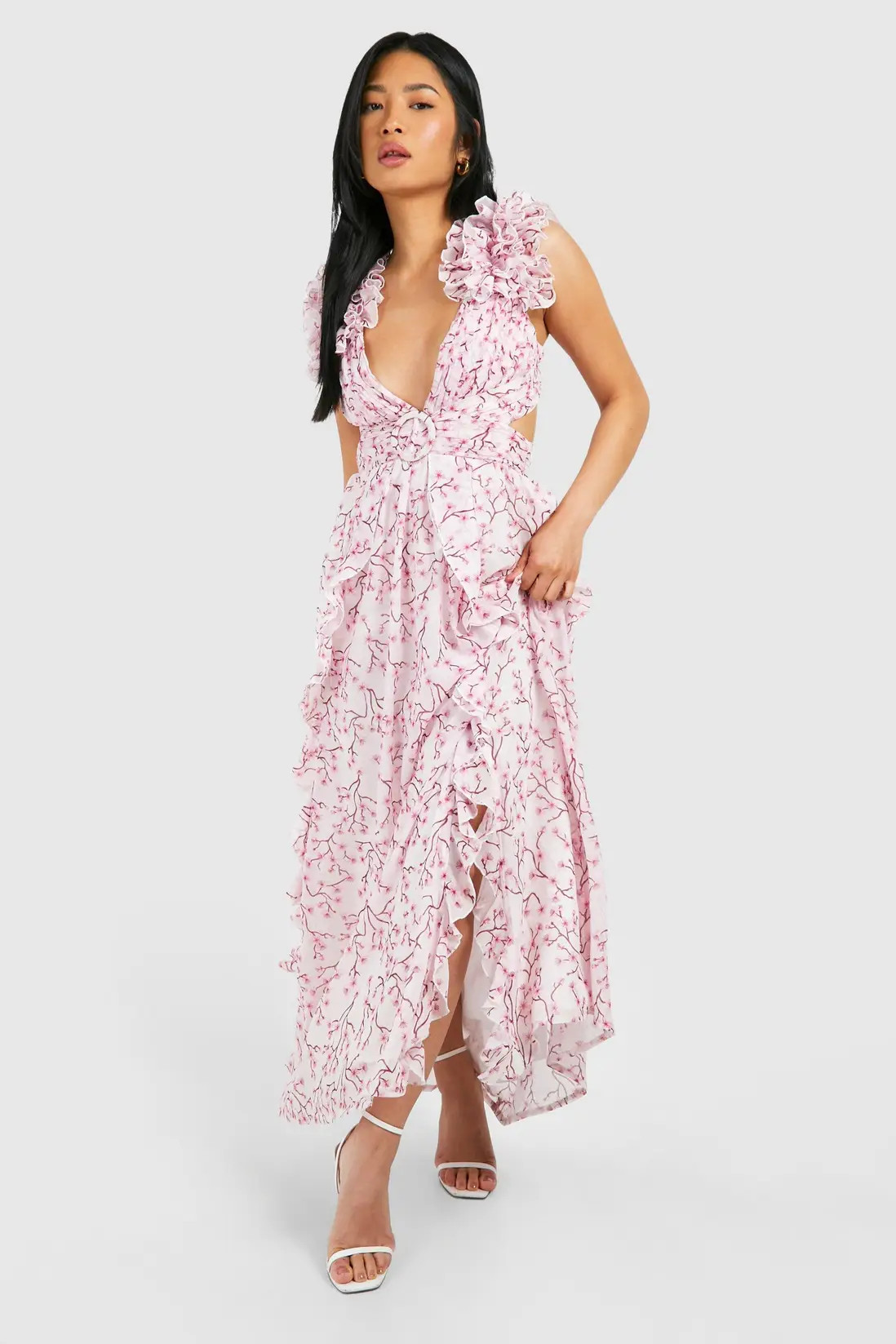 Pink Petite Floral Ruffle Shoulder Occasion Maxi Dress | Boohoo | Boohoo.com (UK & IE)