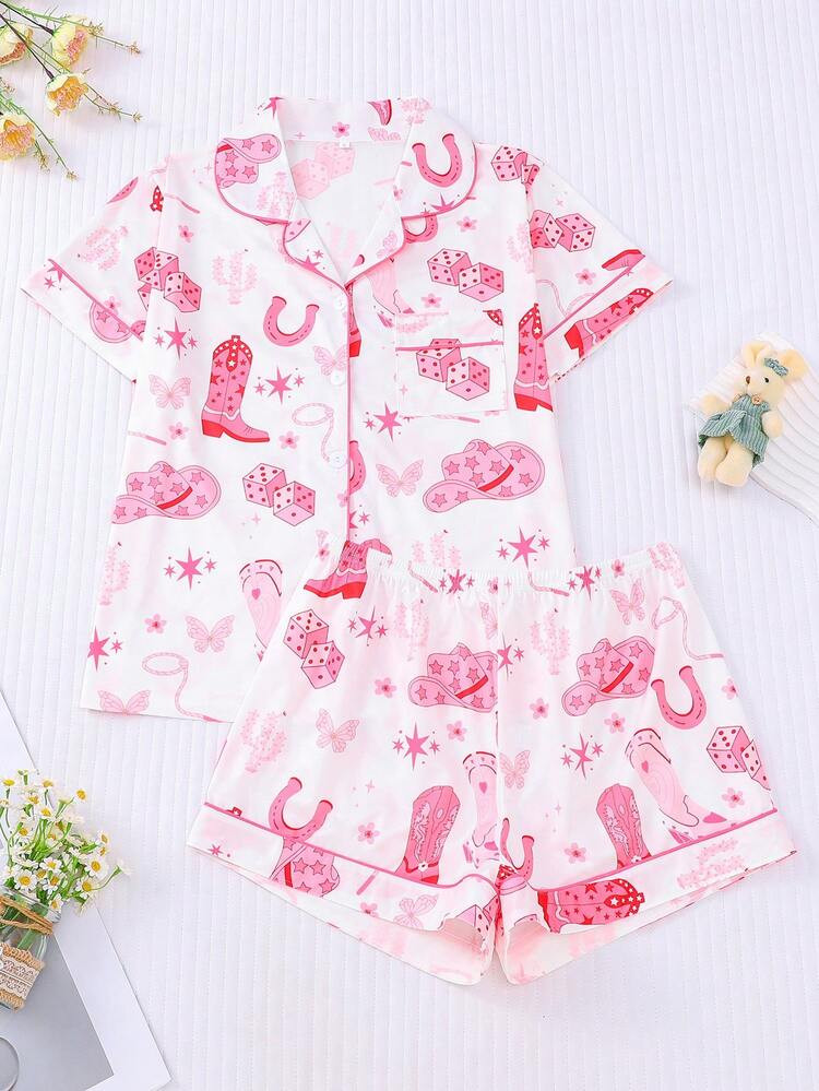 2pcs Western Pattern Printed Sleepwear Set For Women, Short Sleeve Shirt Collar Button-Up Top And Elastic Waist Loose Shorts, Elegant And Fashionable Outfit For Festivals, Parties, Casual Indoor/Outdoor Wear | SHEIN