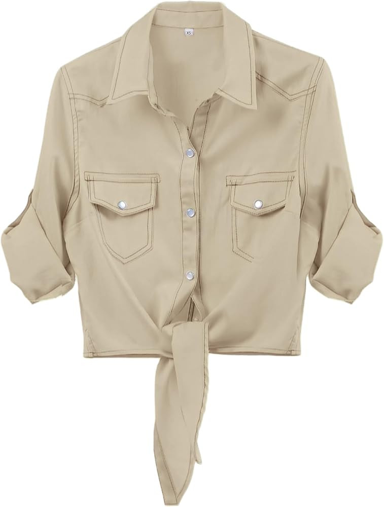 Omoone Women's 3/4 Sleeve Denim Crop Top Tie Knot Shirt Cardigan | Amazon (US)