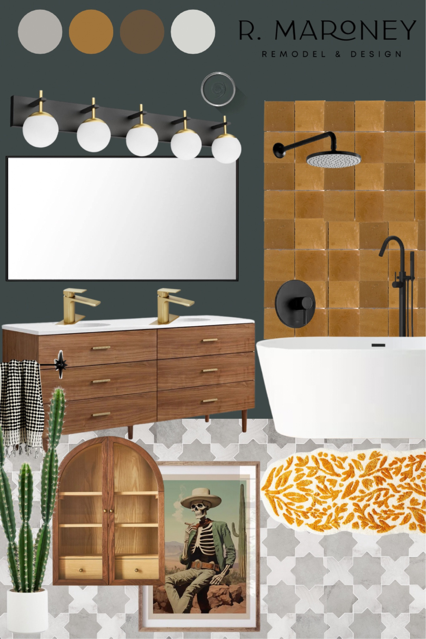 This cool, masculine, desert vibe bathroom combines warm and cool tones with some fun art and intentional details. Designed by R. Maroney Remodel & Designs.

#LTKHome