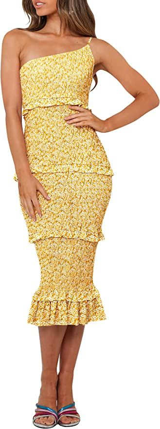 PRETTYGARDEN Women's Summer Midi Bodycon Dresses One Shoulder Strappy Tiered Ruffle Floral Boho S... | Amazon (US)
