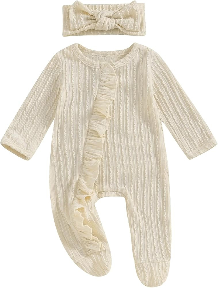 Newborn Baby Girl Fall Winter Outfits Clothes Knit Jumpsuit Ruffle Romper Newborn Coming Home Out... | Amazon (US)