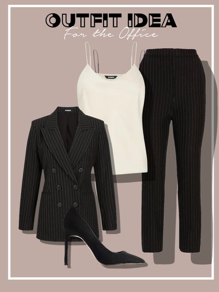 Outfit idea for the office ON SALE white blouse pinstripe suit  black pumps pinstripe petite suit pants blazer work look 00p or 00 Xs and xxsp coat 

#LTKunder100 #LTKstyletip #LTKworkwear