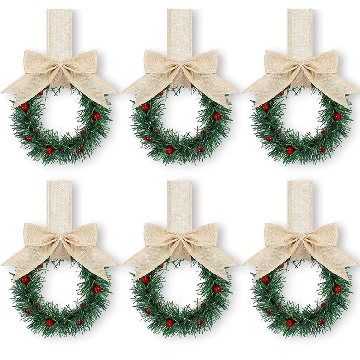 Vorkoi 6PCS Christmas Kitchen Cabinet Wreaths with Plaid Bow Ribbon Hanging Cabinet Doors Wreaths... | Walmart (US)
