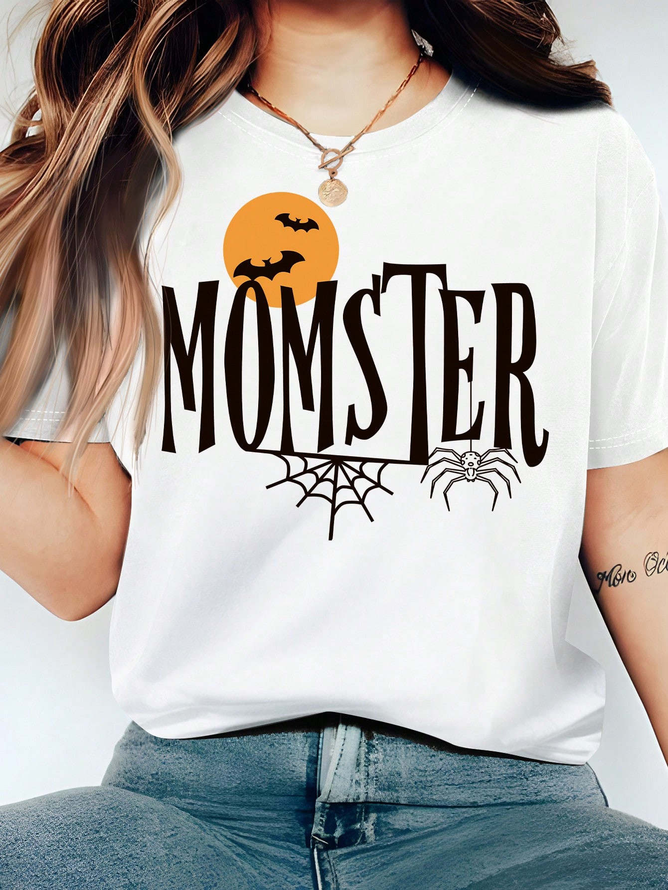 SHEIN LUNE Summer Tops Bat And Slogan Prints For Women Suitable For Halloween Women Round Neck T-... | SHEIN