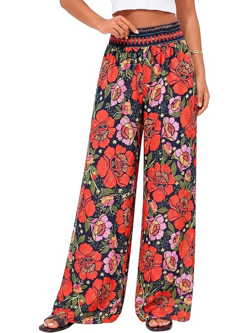 BTFBM Floral Wide Leg Pants Woman Spring Summer Smocked Elastic Waist Long Pant Resort Wear Beach... | Walmart (US)
