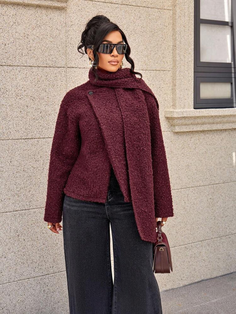 SOLERSUN Women's Elegant Burgundy Autumn Woolen Coat One-Piece Scarf Short Cardigan Winter Warm Woolen Jacket Coat Poncho Overcoat Autumn/Winter | SHEIN
