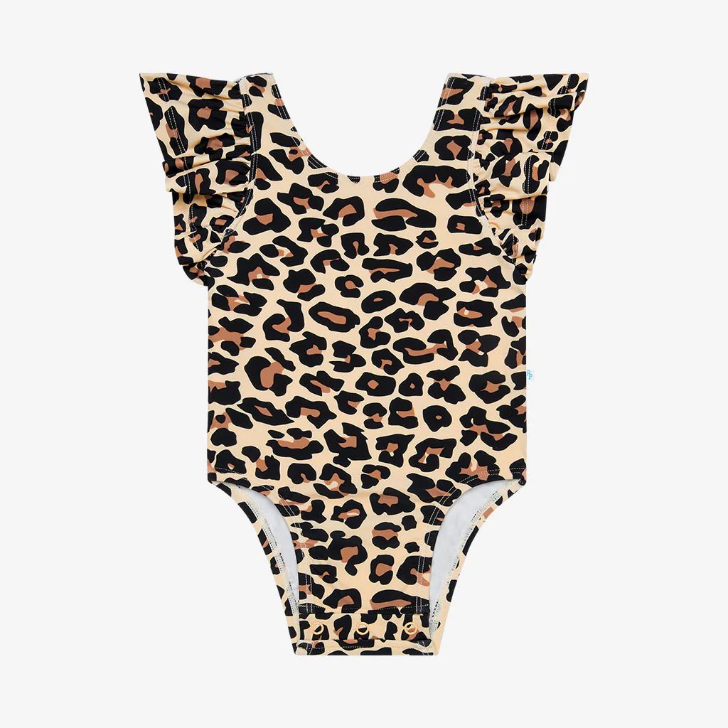 Leopard Tan Ruffled Cap Sleeve Swimsuit | Lana Leopard Tan | Posh Peanut