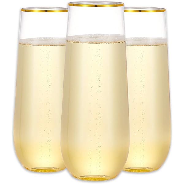 N9R 36 Pack Plastic Champagne Flutes, 9 Oz Stemless Disposable Gold Rim Toasting Glasses, Crystal Cl | Amazon (US)