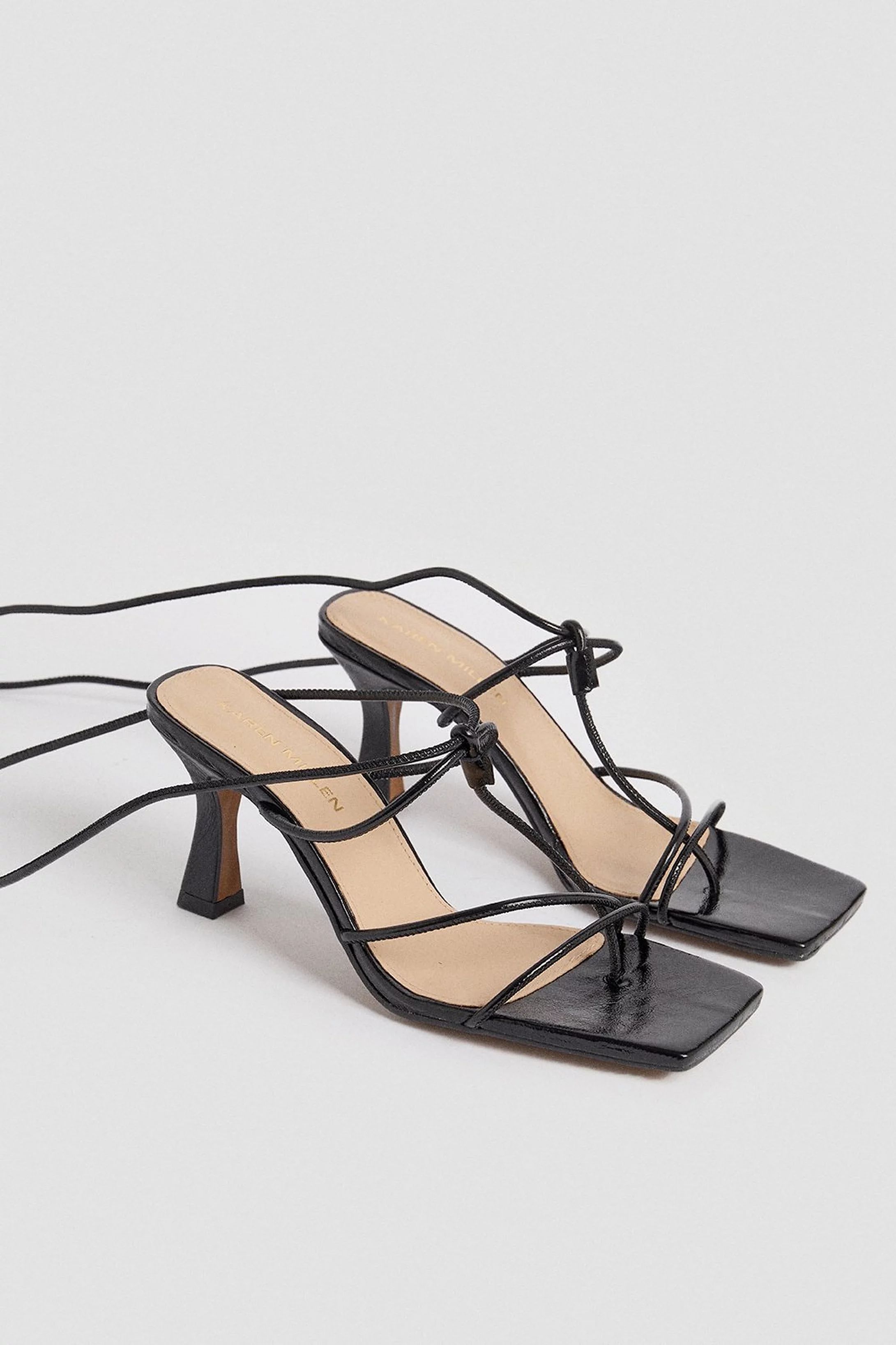 Leather Ankle Tie Heeled Sandal | Karen Millen UK & IE