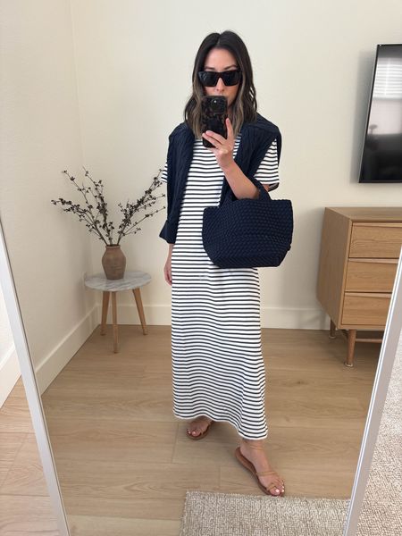 Theory striped shirt dress. This is the dress!!! This style has been on my radar for a while but I couldn’t find anything that fits my petite length. This one checks all the marks.

Theory dress petite
Jcrew sweater xs
Ancient Greek sandals 35
Naghedi mini navy 
Celine sunglasses  

#LTKshoecrush #LTKitbag
