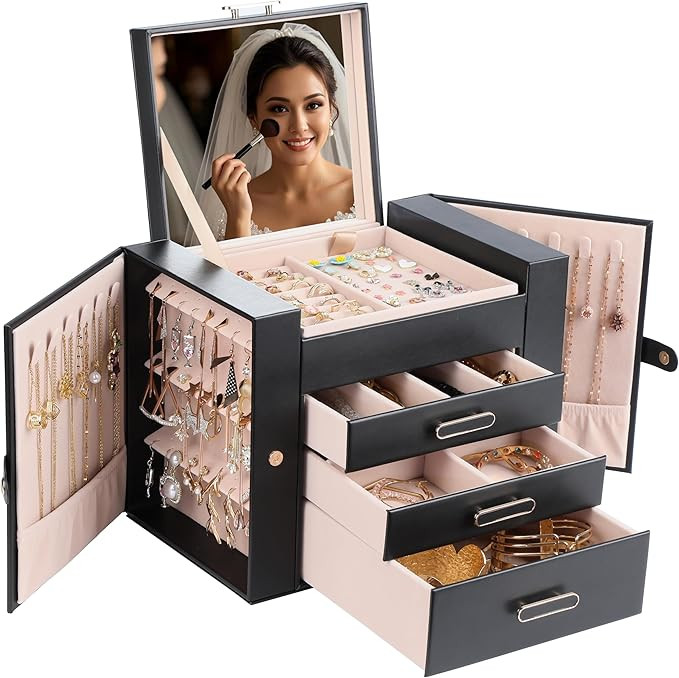 Jewelry Boxes for Women, 4 Layer Jewelry Organizer with 2 Doors for Necklaces Hanging and 2 Close... | Amazon (US)