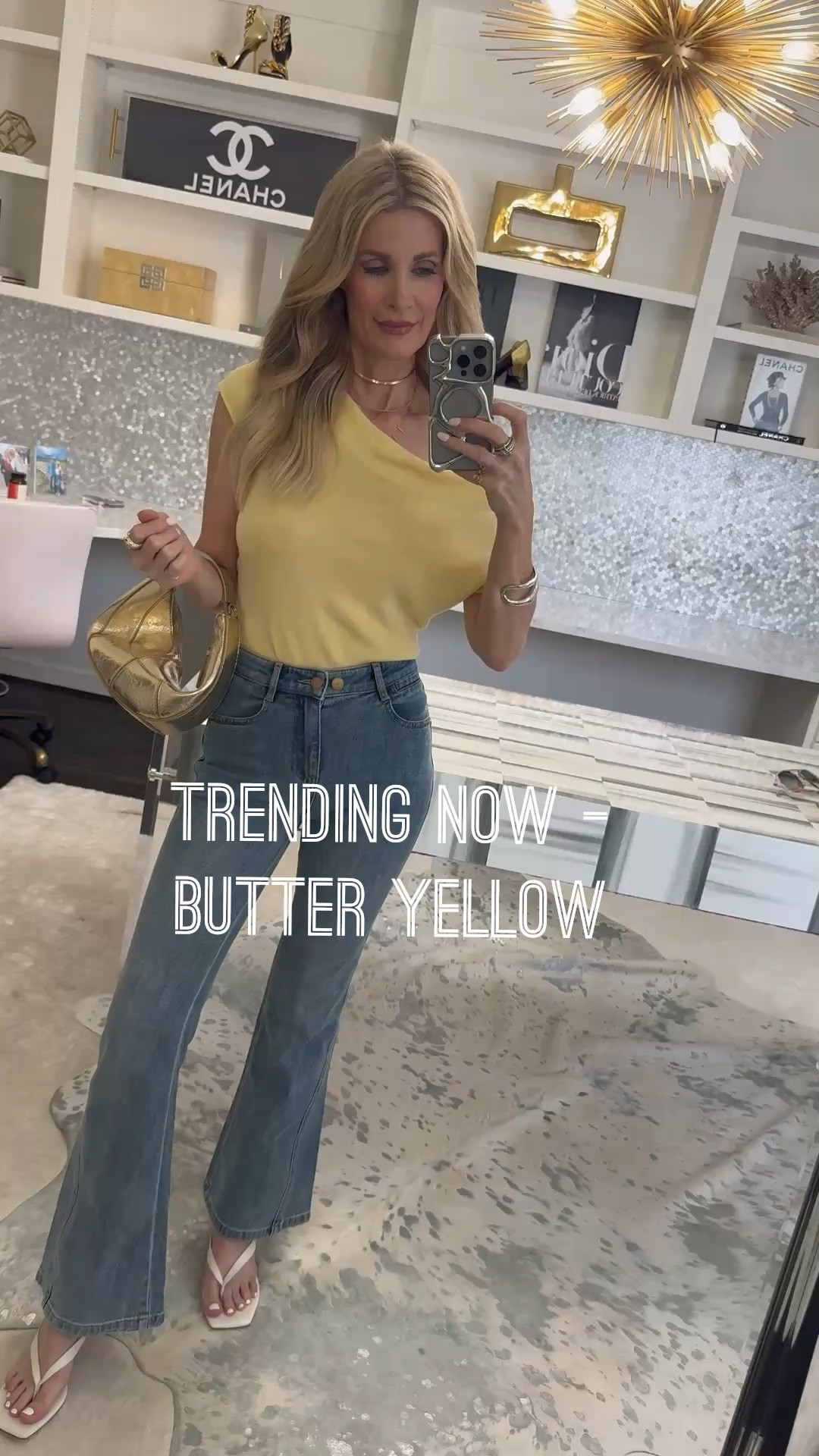 This girls’ night out outfit is so easy and chic featuring a butter yellow off-the-shoulder top, flattering Goelia jeans, white kitten heels, and a gold bag. Butter yellow is one of summer’s hottest color trends, and these jeans have perfectly placed back pockets that give your butt an instant lift. I’m wearing an XS in the top and size 24 in the jeans. #GirlsNightOutOutfit #ButterYellow #FlatteringJeans #LTKOver40
 

 #LTKootd #LTKSeasonal #LTKOver40