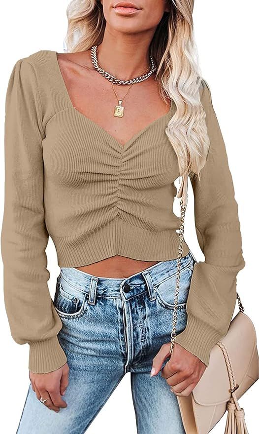 Metyou Women's Long Sleeve Short Cropped Sweater Casual V Neck Ruched Ribbed Knit Pullover Sweate... | Amazon (US)