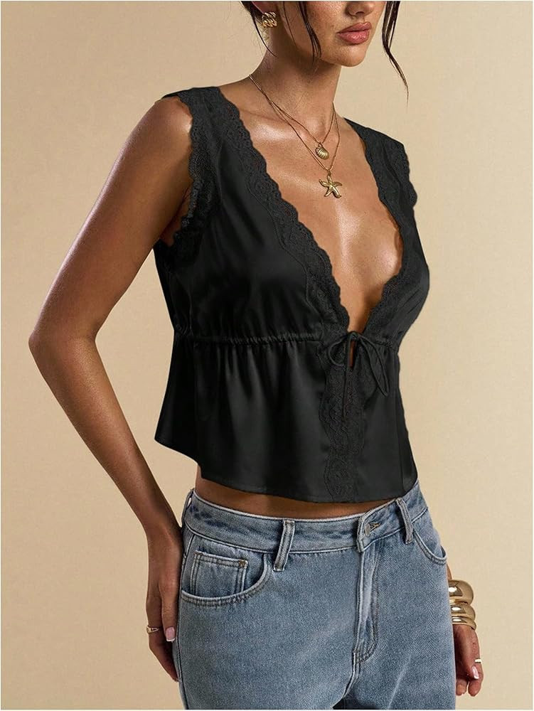 RoseSeek Women's Tie Front Deep V Neck Peplum Tops Lace Trim Sleeveless Satin Crop Tank Top Black X-Small at Amazon Women\u2019s Clothing | Amazon (US)