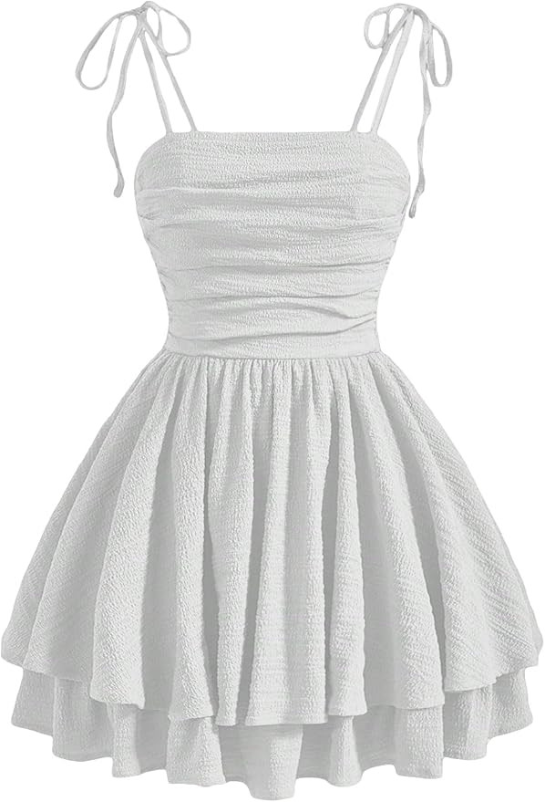 WDIRARA Women's Tie Shoulder Ruched Sleeveless Shirred Layered Ruffle Hem Cocktail Party Cami Dre... | Amazon (US)