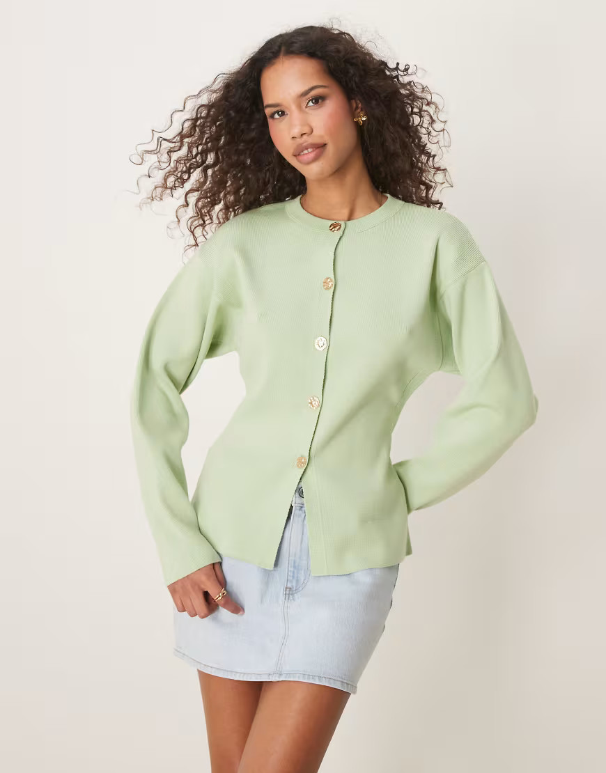 ASOS DESIGN knitted structured crew neck cardigan with gold buttons in sage-Green | ASOS (Global)