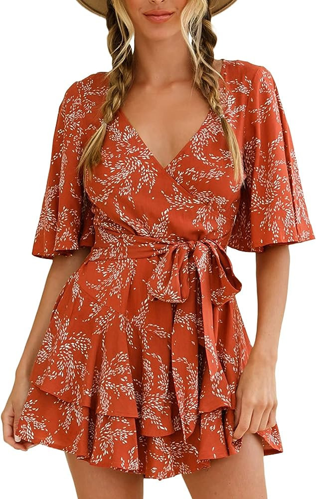 Womens Short Flared Sleeve Romper Orange Floral Dress Burnt Orange Dress Rust Dress Romper Amazon | Amazon (US)