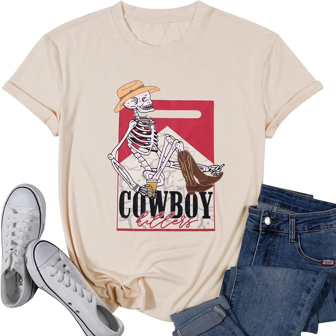 Cowboy Killer Skeleton Shirt Women Funny Skeleton Graphic Tee Shirt Rodeo Western Cowgirl Country... | Amazon (US)