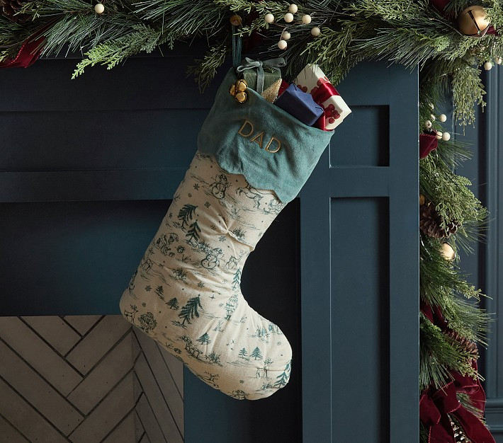 Chris Loves Julia Stocking, White/Green Christmas Toile | Pottery Barn Kids