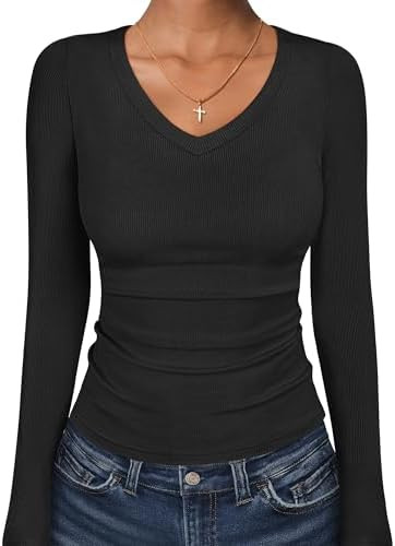 ANRABESS Long Sleeve V Neck Shirts for Women | Soft Comfy Ribbed Knit Fitted Tshirts, Casual Goin... | Amazon (US)