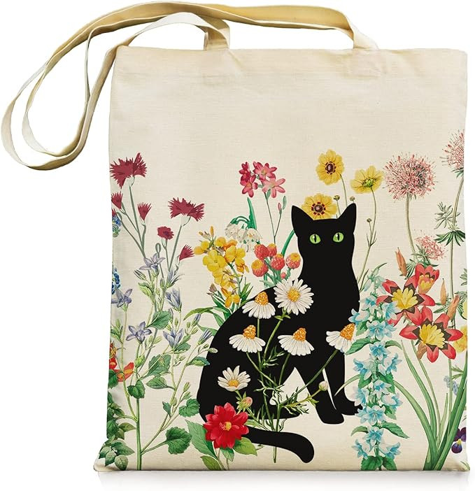 bmuvghi Black Cat Canvas Tote Bag with Zipper Pockets Vintage Flowers Cute Tote Bag Aesthetic Reu... | Amazon (US)