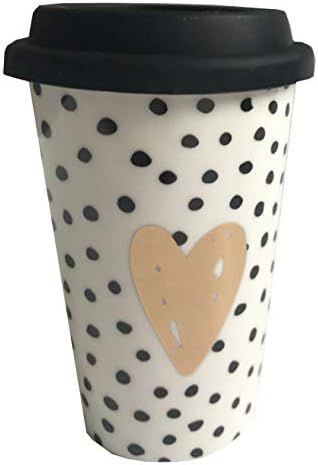 Tasse Becher to go goldenes Herz auf weiß mit schwarzen Punkten und schwarzem Silikon Deckel 300... | Amazon (DE)