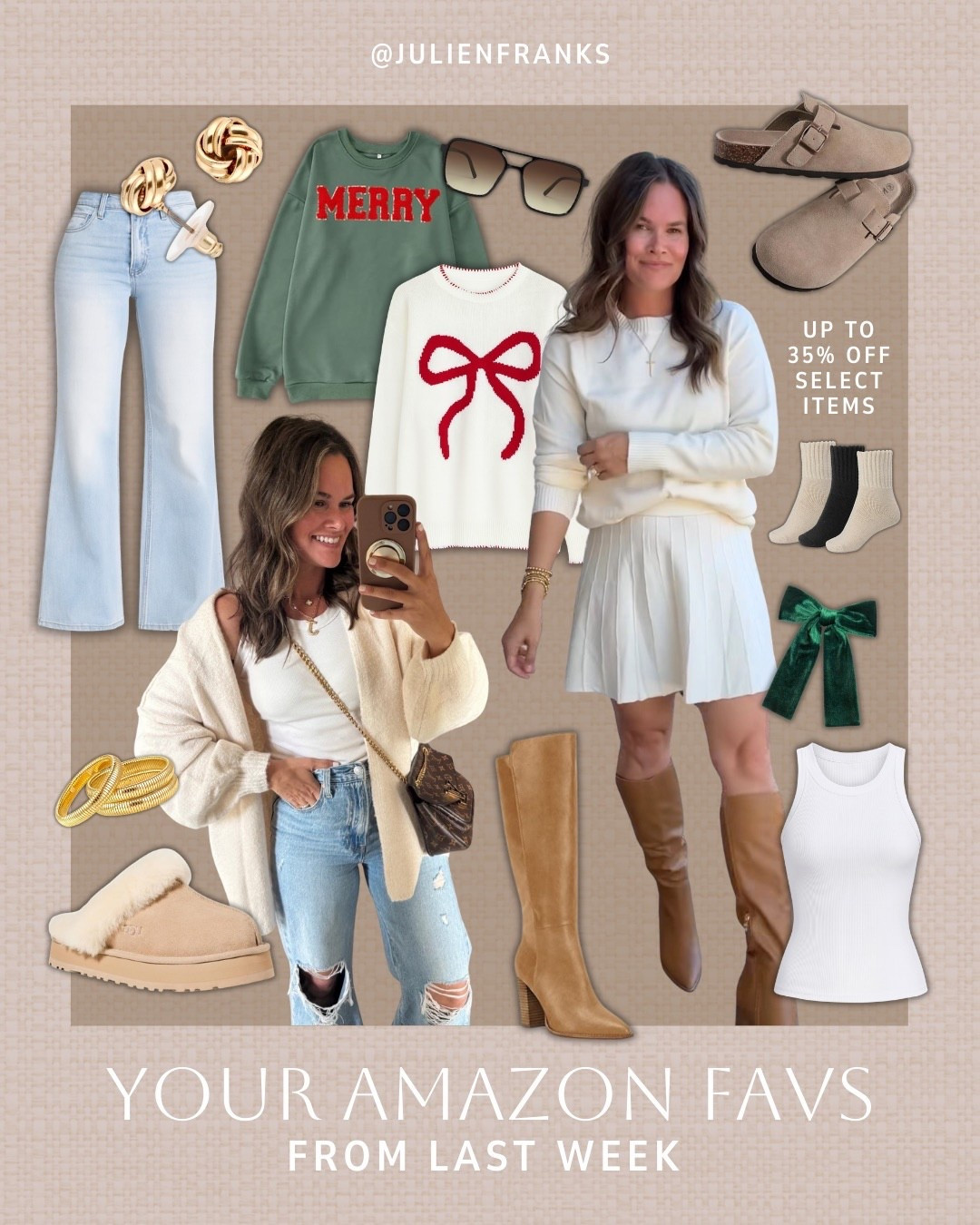 Your Amazon favs last week! I’m obsessed with these finds. 🥰 So many good closet staples, and I love these festive sweaters for the holiday season! You can get up to 35% off select items, like these classic suede clogs that are perfect for everyday looks.

#amazonfinds #suede #mules #matchingset #festive #holidayoutfit #casualoutfit #winteroutfit #closetessentials #denim #salealert 

#LTKSeasonal #LTKHoliday #LTKFindsUnder50